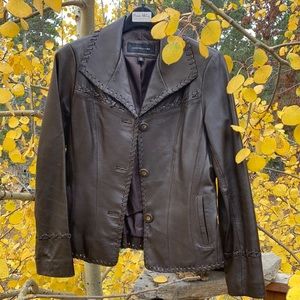 Jones New York Western Inspired Leather Jacket Size M Brown